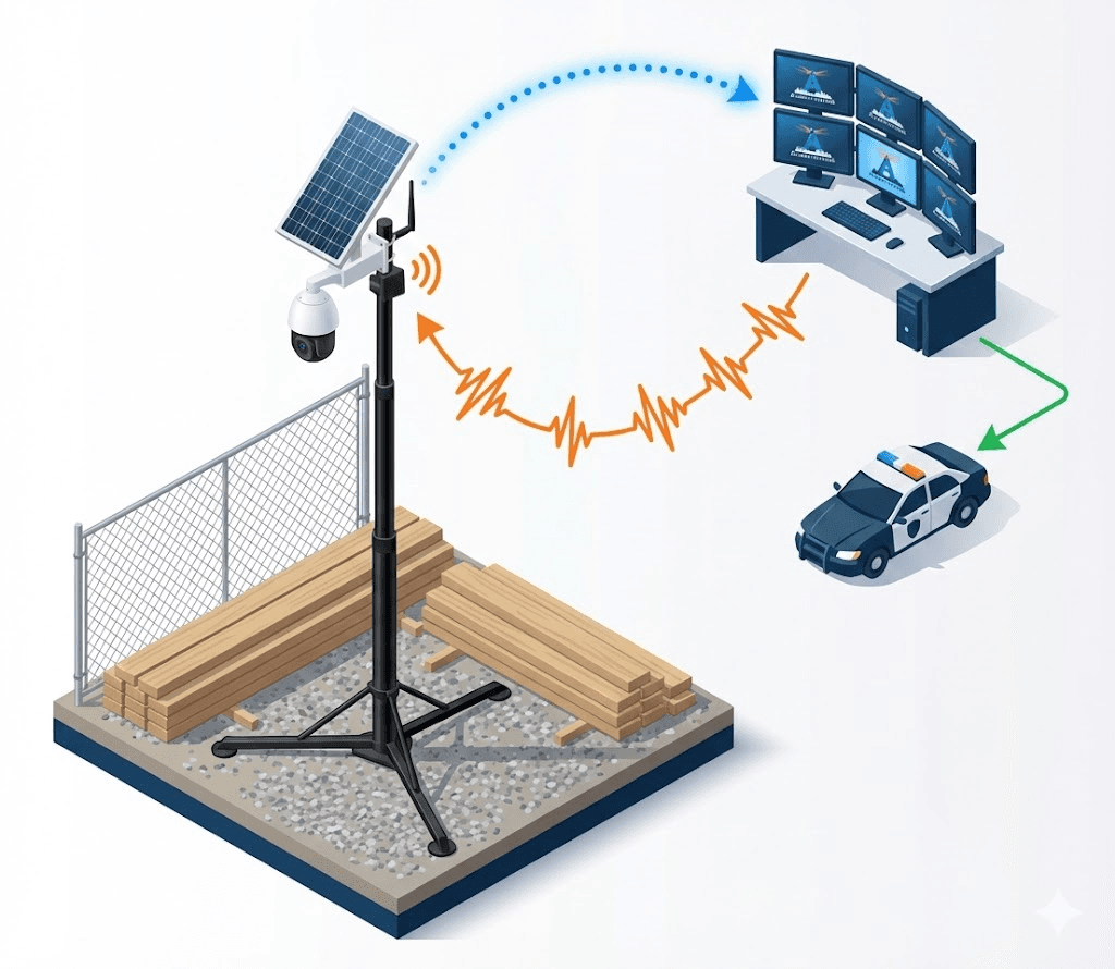 Rapid Deploy: a solar-powered camera on site streaming wirelessly to VuePoint's 24/7 monitoring center and rapid response